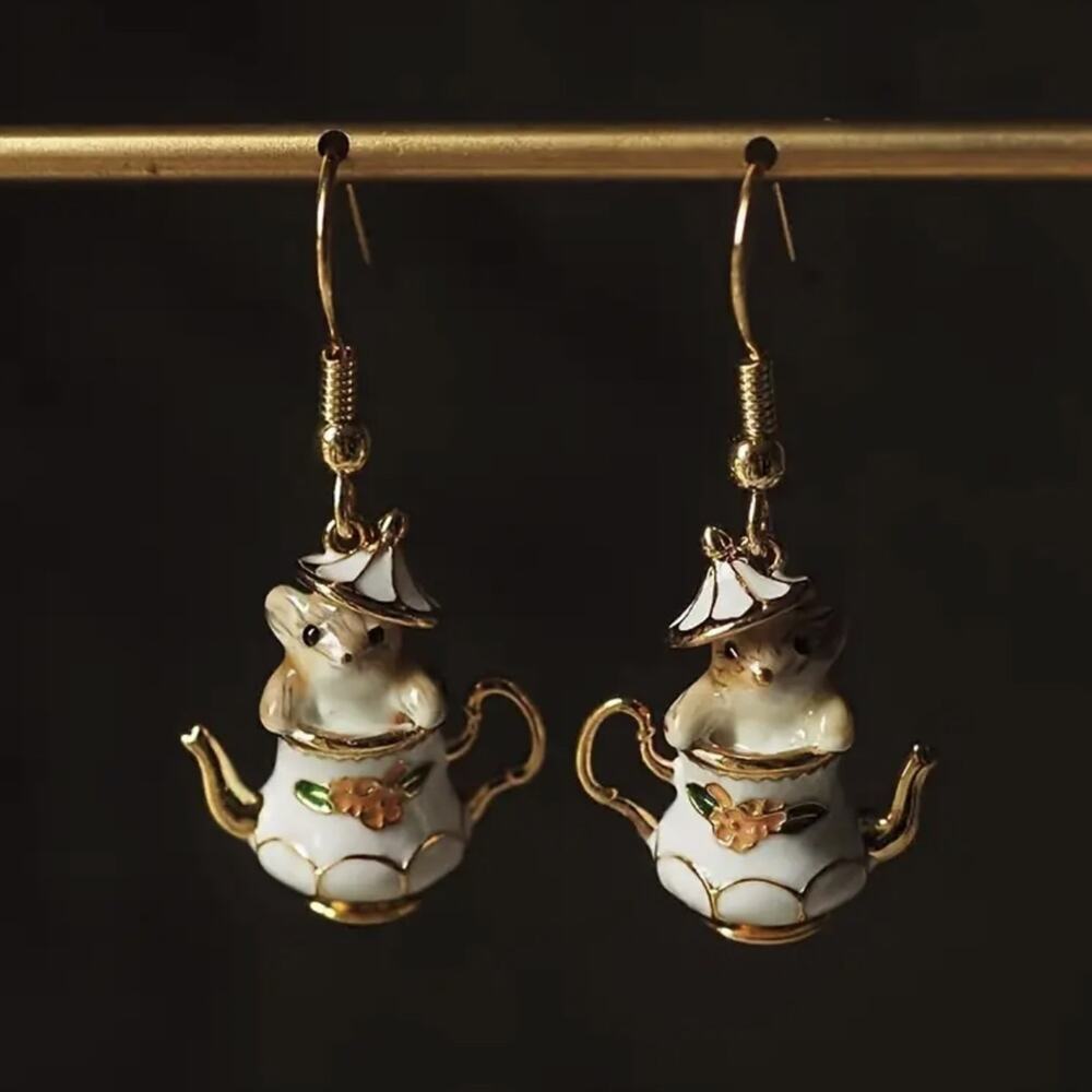 Teapot Chipmunk Dangle Earrings – 14K Gold Plated Enamel Charm, Kawaii New - Picture 2 of 6